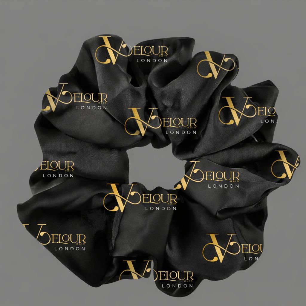 Velour Hair London silk scrunchie black luxury hair tie for reducing breakage and frizz